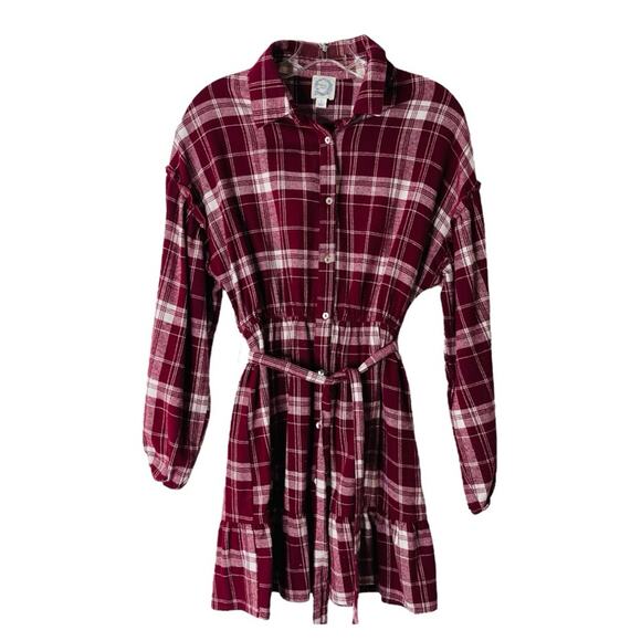 Blue Rain red burgundy white plaid flannel ruffle tie grunge boho dress small - Picture 1 of 8